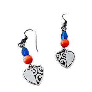 Brighton Silver Heart Earrings with Blue Crystal and Orange Bead